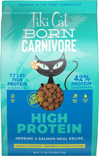 Tiki Cat Born Carnivore High Protein Dry Cat Food, Herring & Salmon Meal, 11.1 Lbs. Bag